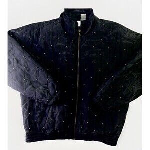 Vintage Abvien 100% Silk Quilted Bomber Jacket Medium Black Gold Studded Beaded